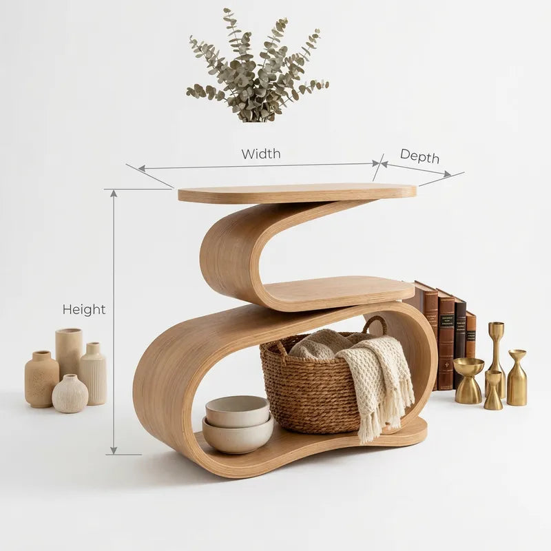 Sculptural Solid Wood S-Curve Tiered Accent Table & Console