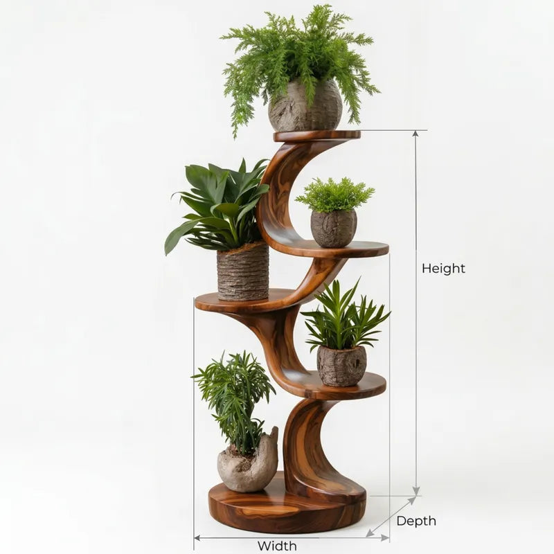 Sculptural Solid Wood Spiral Plant Stand & Tiered Botanical Display Shelf