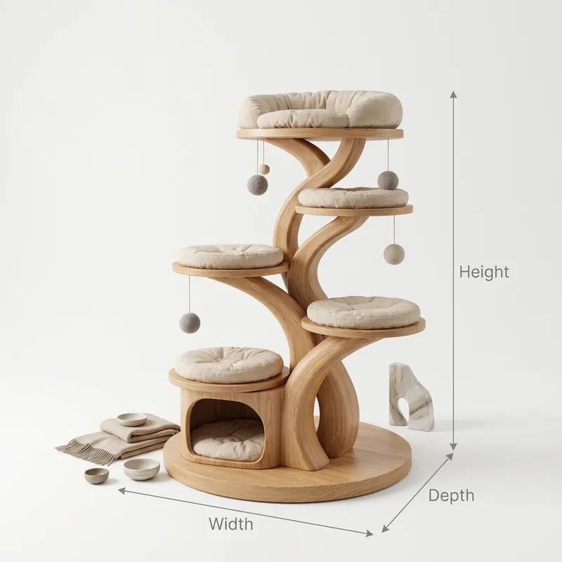 Sculptural Solid Wood Tree Cat Tree Tower & Multi-Tier Luxury Condo
