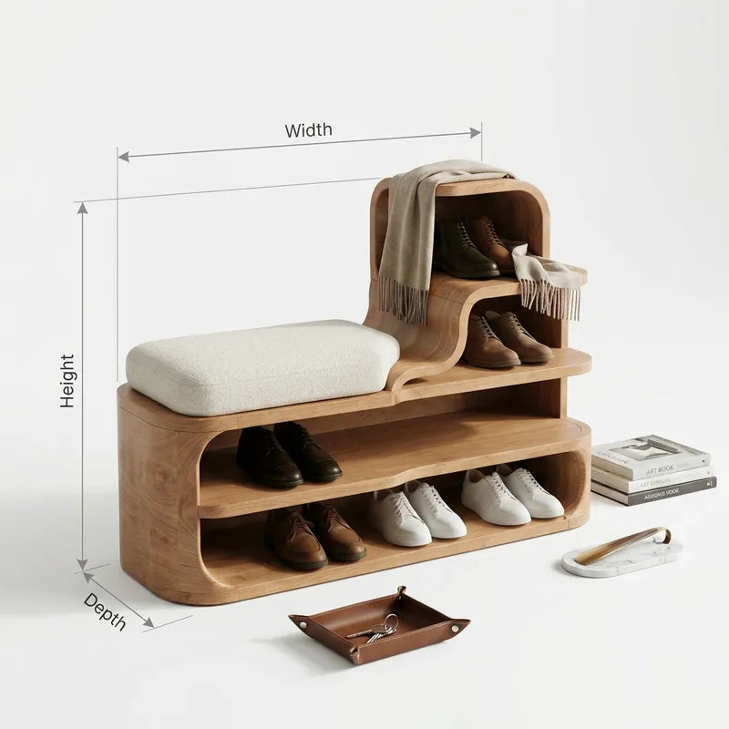 Sculptural Stepped Solid Wood Entryway Shoe Bench with Integrated Storage