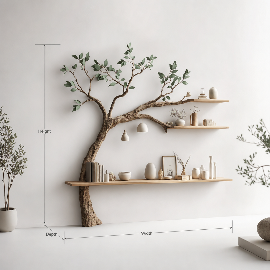 Solid wood tree bookshelf acting as a unique sculptural display on wall