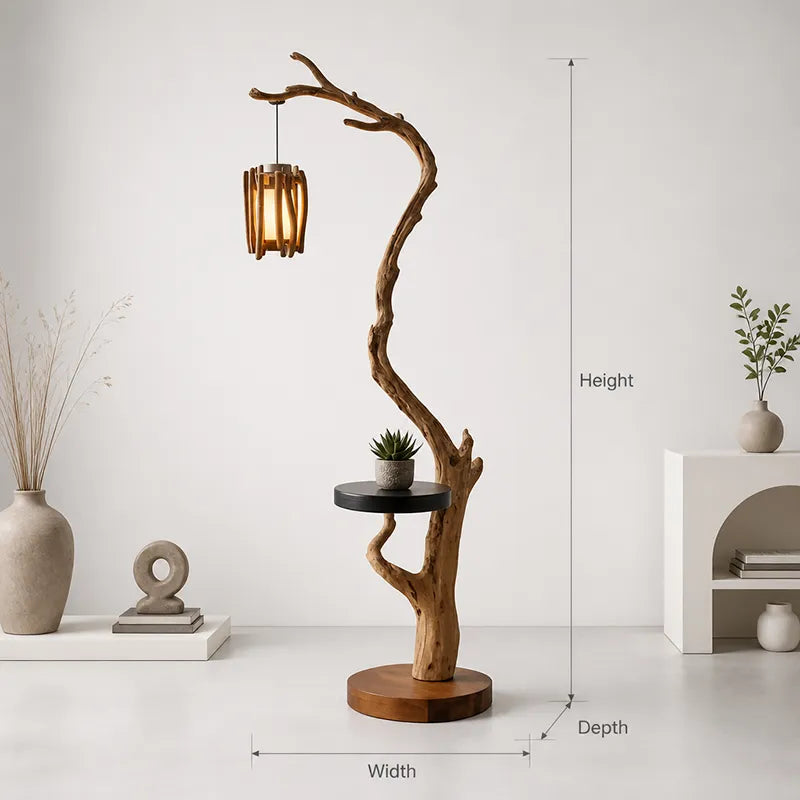 Sculptural Tree Branch Floor Lamp with Side Table – Organic Modern Wooden Floor Lamp