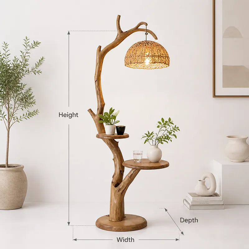 Sculptural Tree Branch Floor Lamp with Side Tables – Organic Live Edge Wooden Floor Lamp