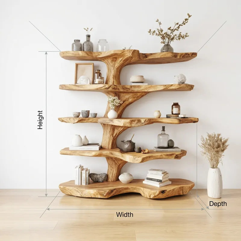 Sculptural Tree Branch Live Edge Solid Wood Bookshelf & Display Shelf
