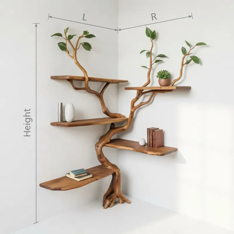 Sculptural Tree Branch Live Edge Solid Wood Wall Shelf – Organic Modern Corner Bookshelf