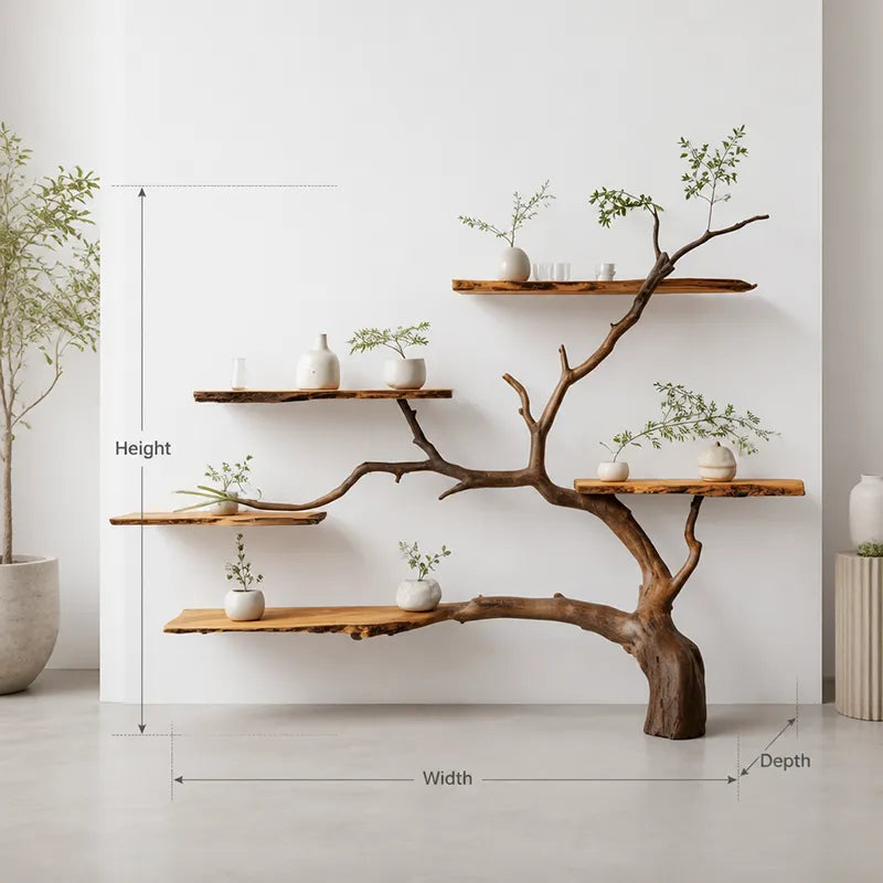Sculptural Tree Branch Live Edge Solid Wood Wall Shelf – Organic Modern Statement Bookshelf