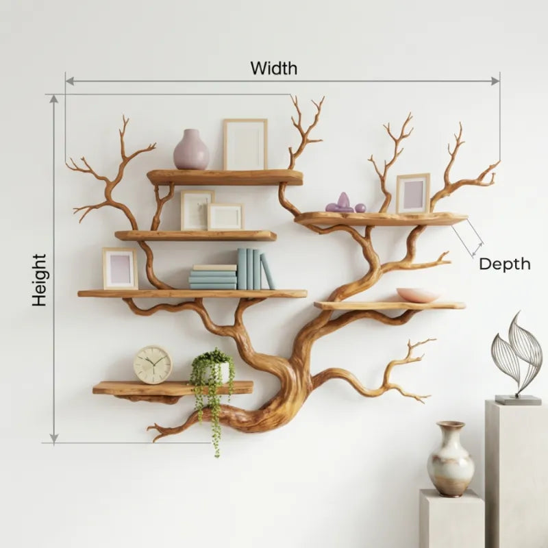 Sculptural Tree Branch Live Edge Solid Wood Wall Shelf – Organic Statement Bookshelf