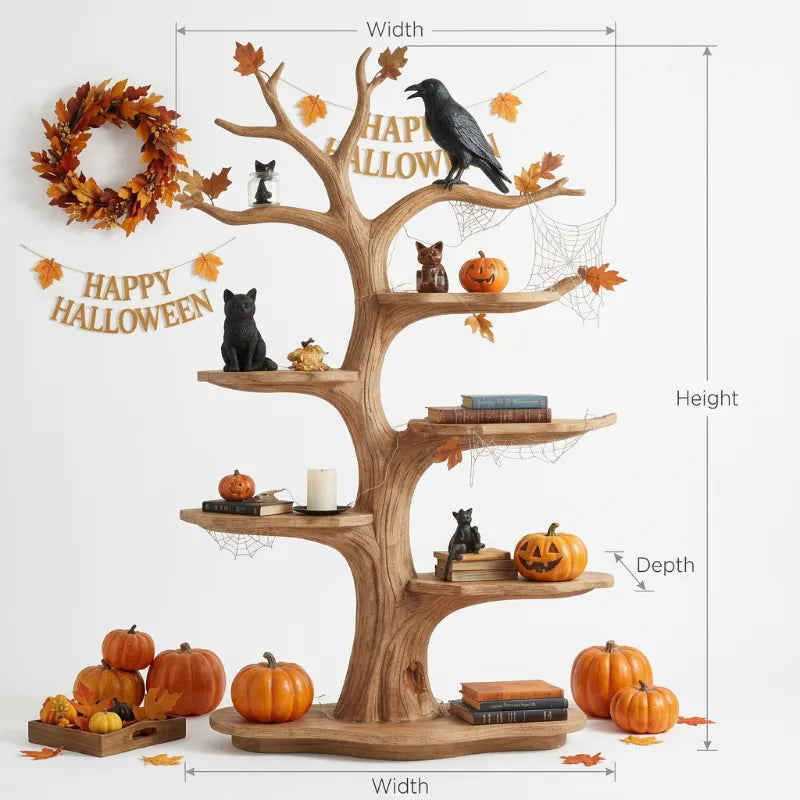 Sculptural Tree Branch Solid Wood Halloween Shelf & Display Stand