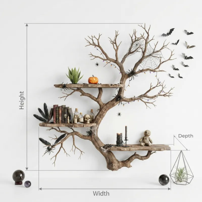 Sculptural Tree Branch Solid Wood Halloween Wall Shelf - Spooky Organic Display Rack