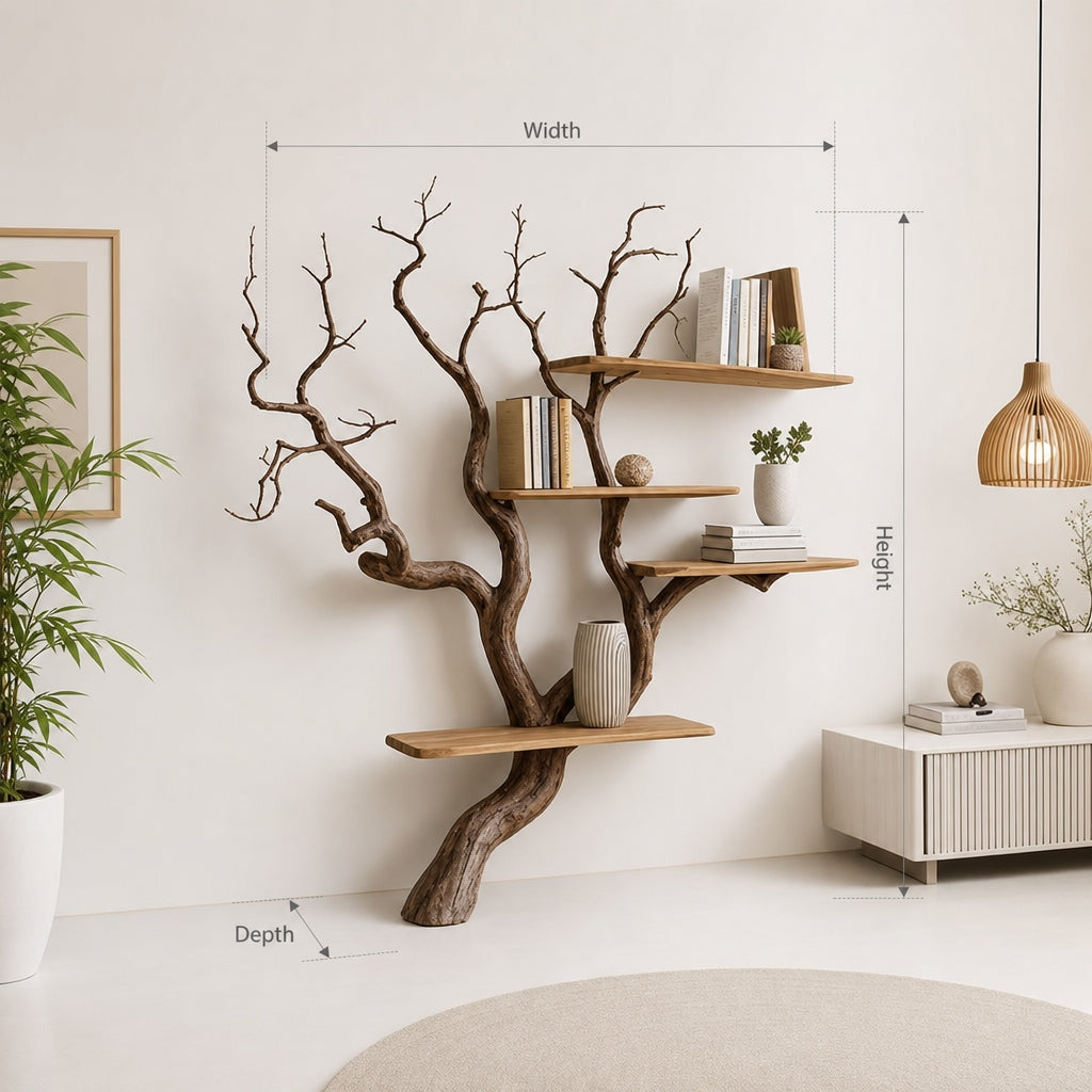 Shelf tree bookshelf with structural branches made of solid floating wood