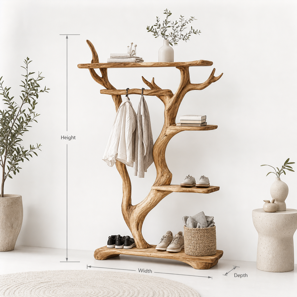 Handcrafted sculptural tree hall tree for a luxury foyer display