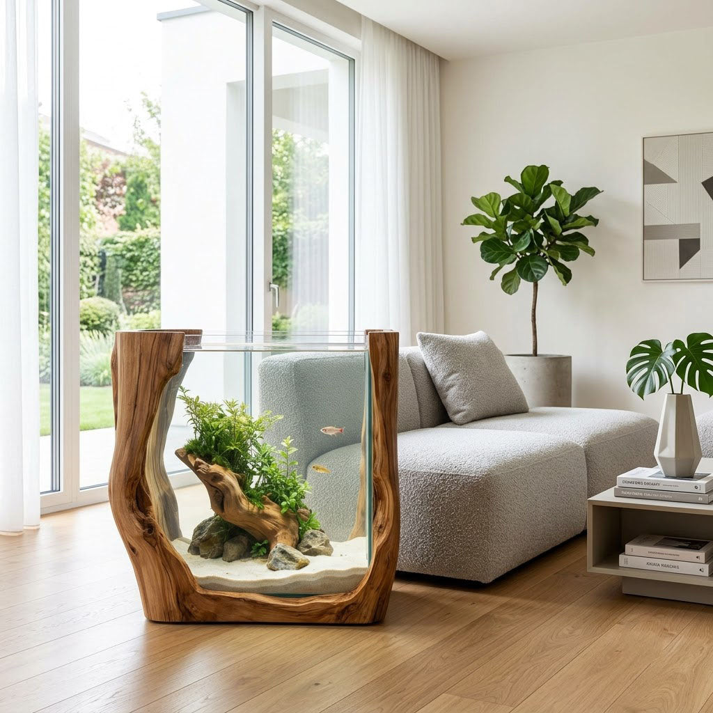Sculptural U-shaped solid wood aquarium stand in a contemporary living room