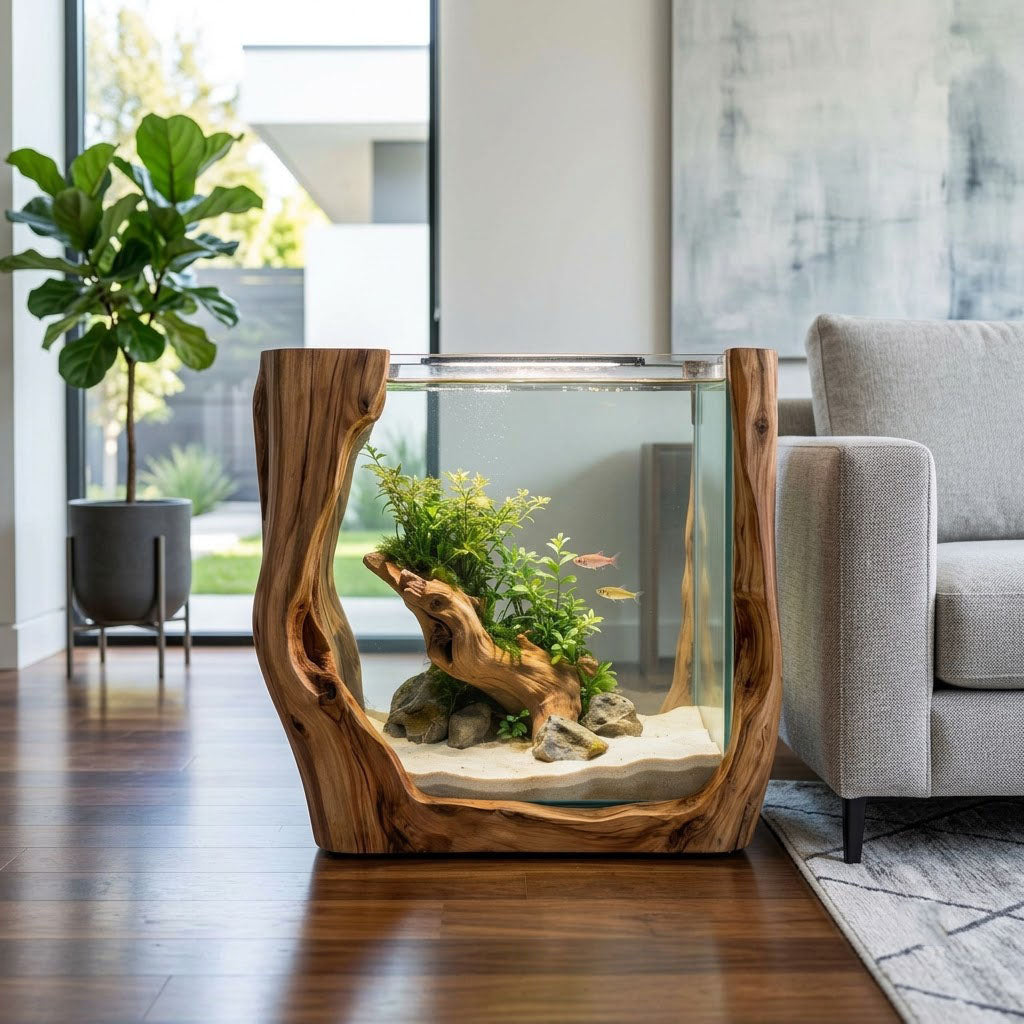 Organic solid wood live edge fish tank base styled in a modern interior