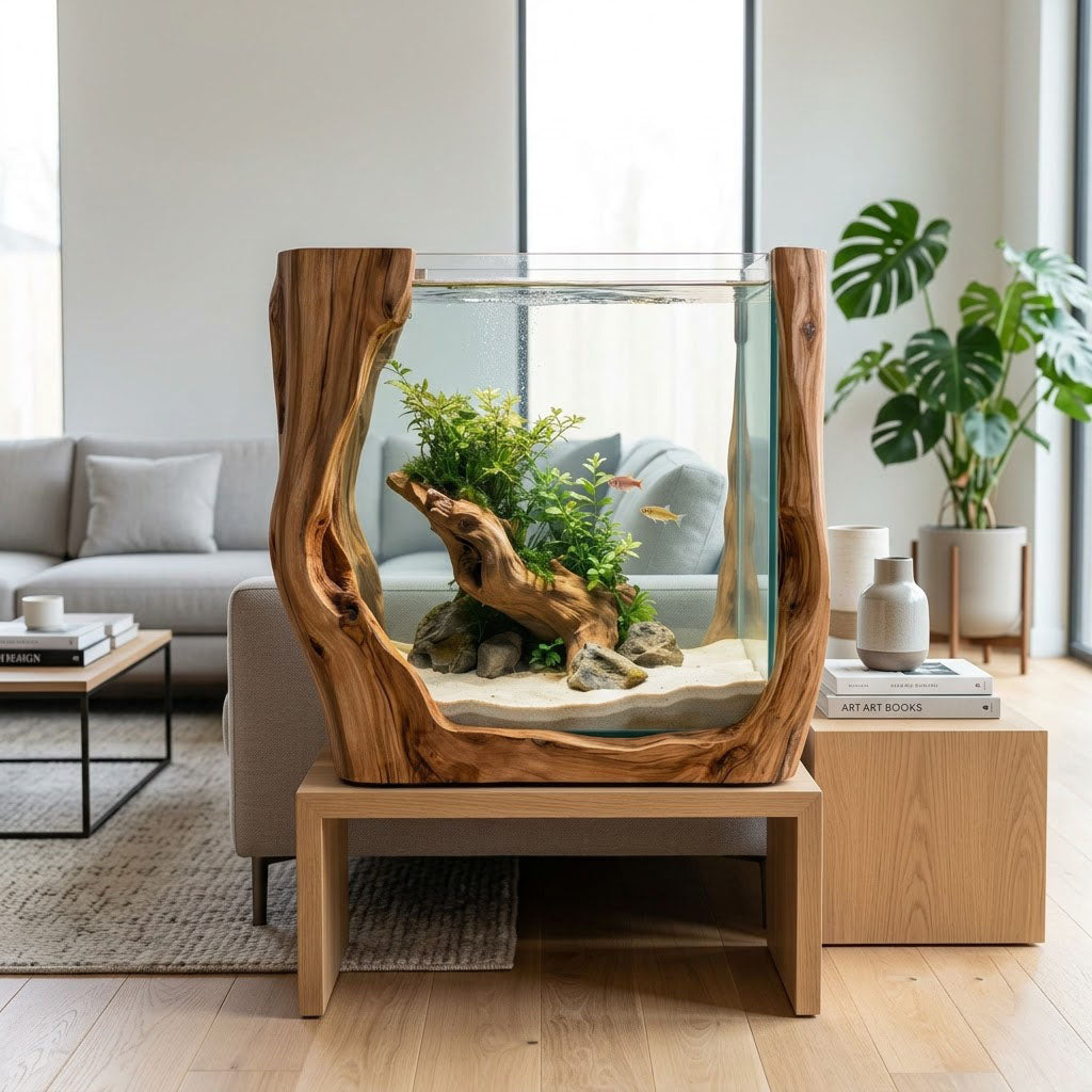 Live edge solid wood fish tank base enhancing a contemporary living space