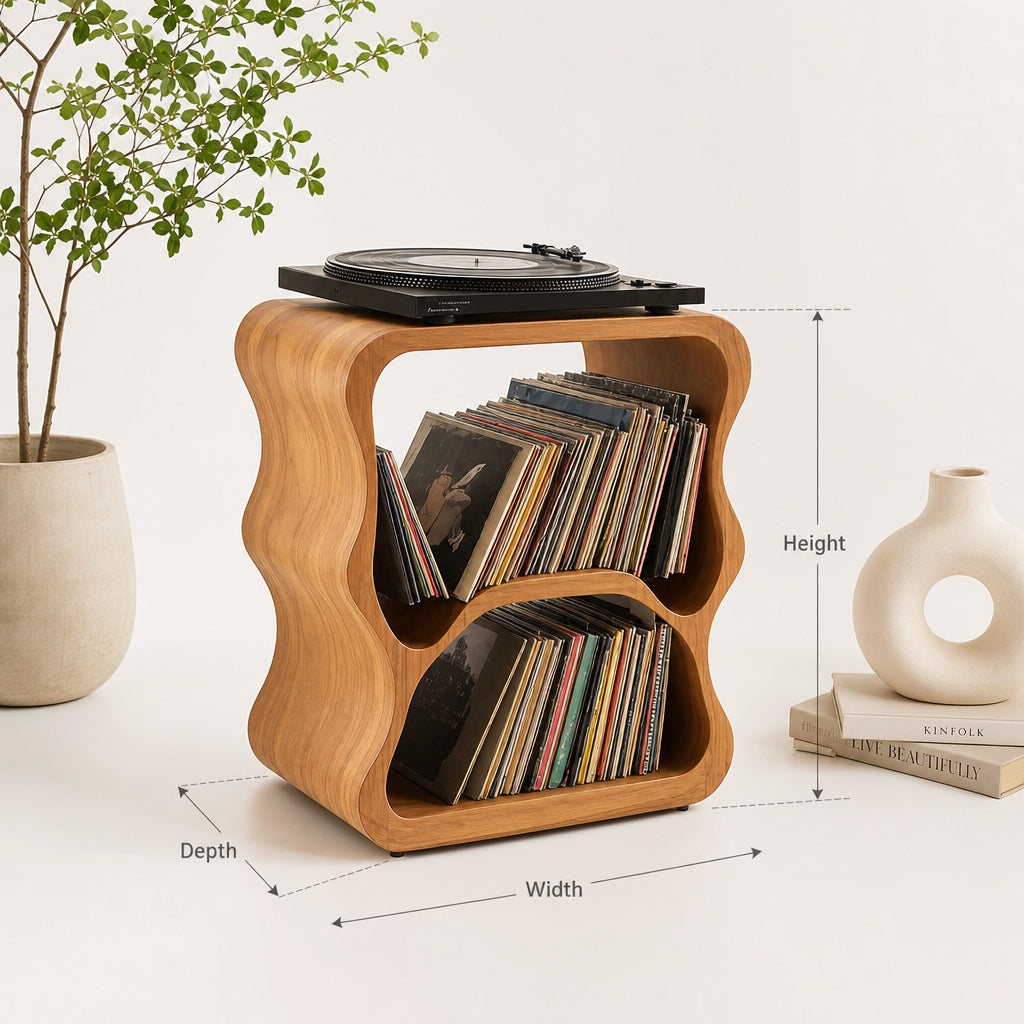 Sculptural Vinyl Record Storage - Wavy Wood Record Player Stand