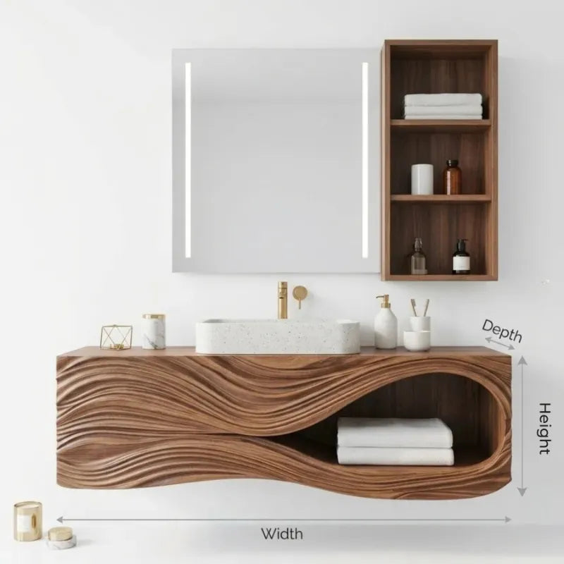 Sculptural Wave Carved Solid Wood Bathroom Vanity