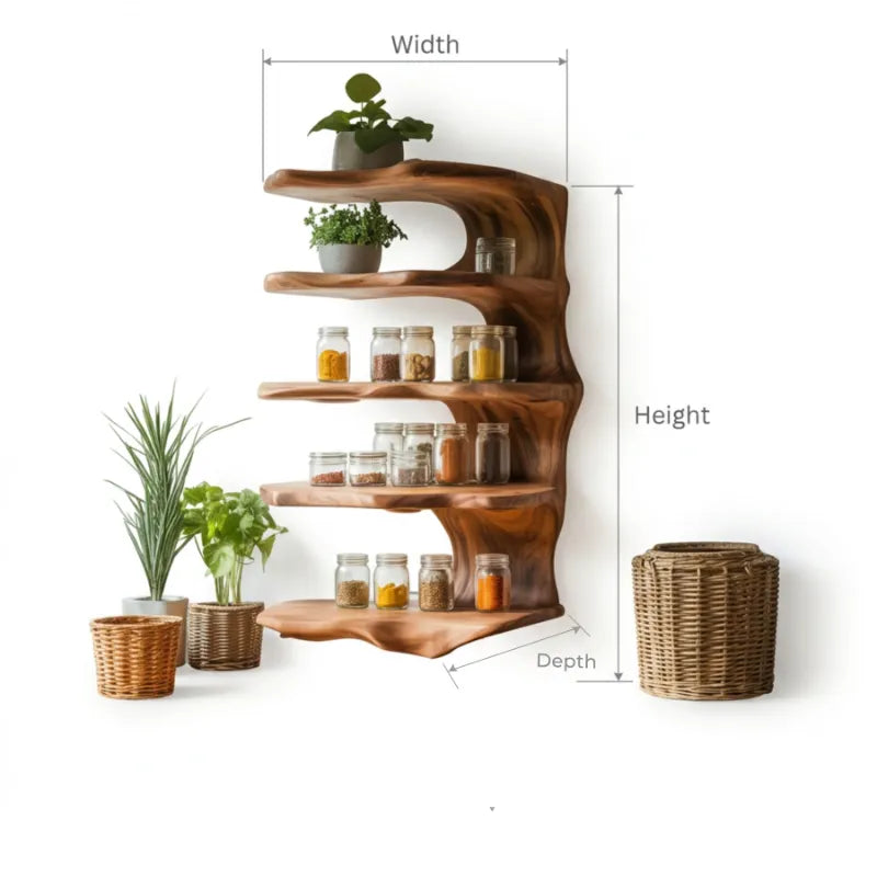 Sculptural Wave Spice Rack - Handcrafted Organic 5-Tier Wall Mounted Kitchen Shelf