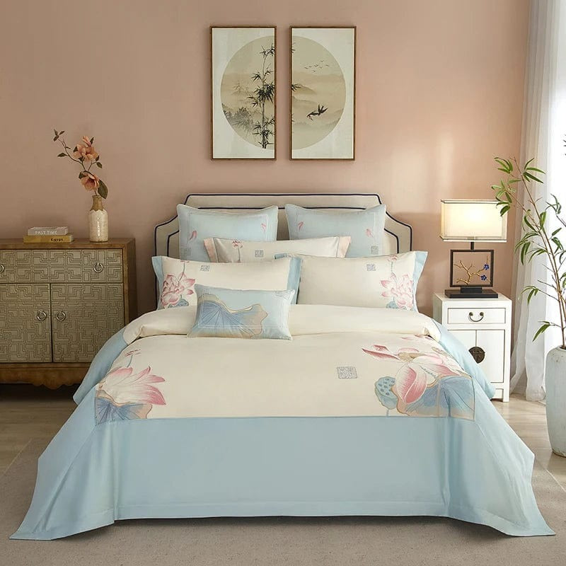 Elegant Blue Lotus Duvet Cover Set