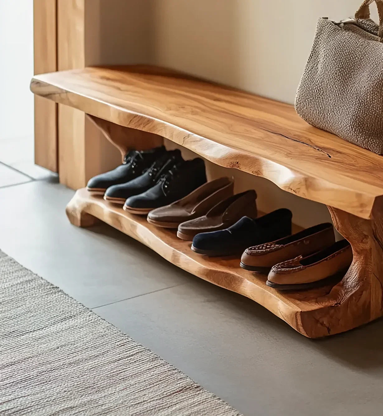 Wooden shoe storage bench with mid century modern design