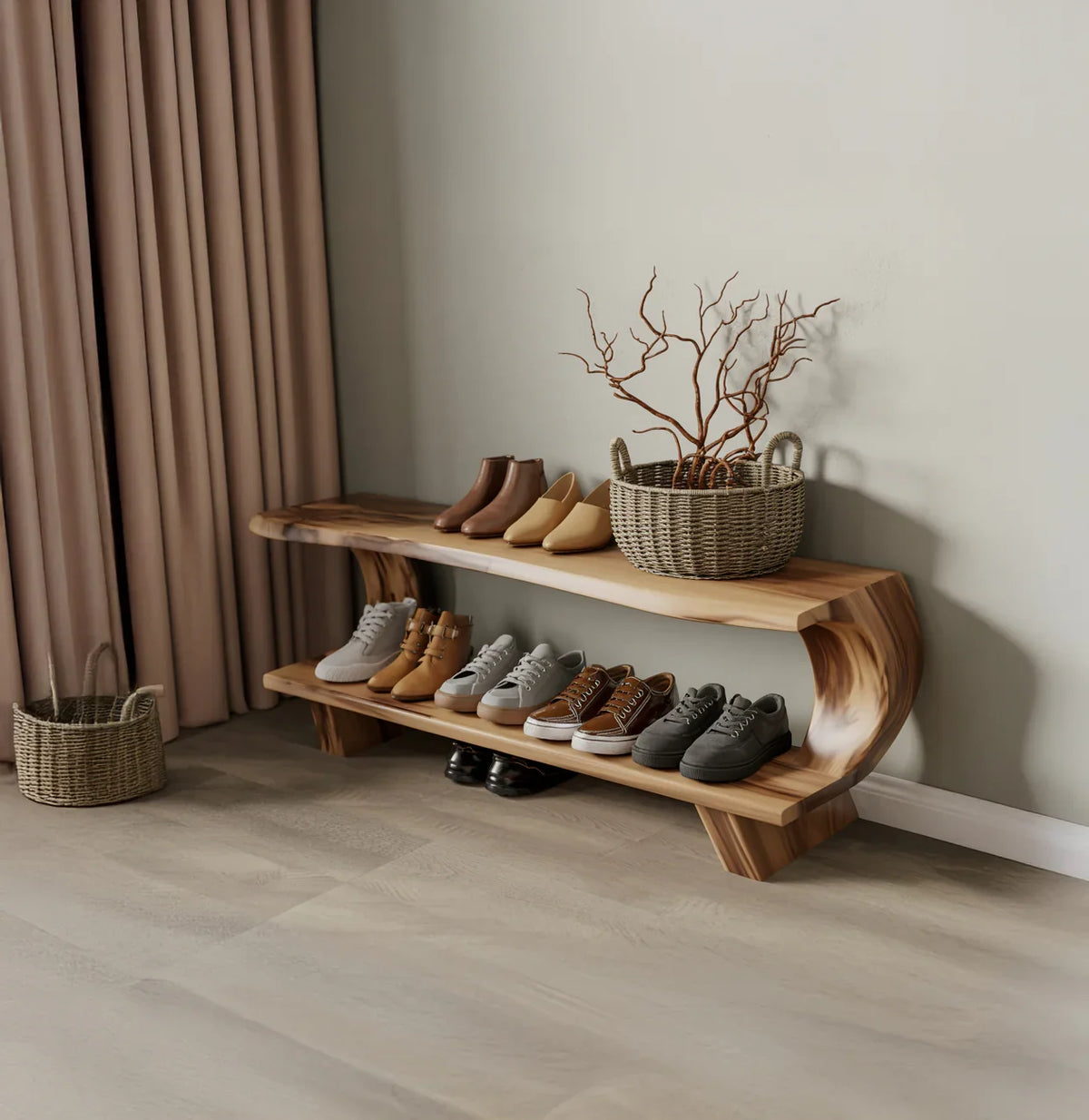 Mid century wood bench for hallway shoe organization