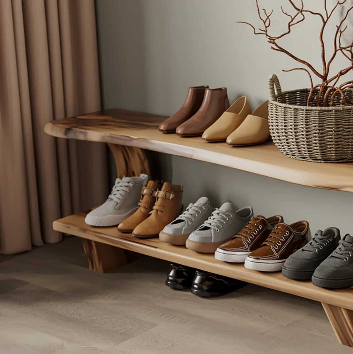 Wooden shoe storage bench with mid century modern design