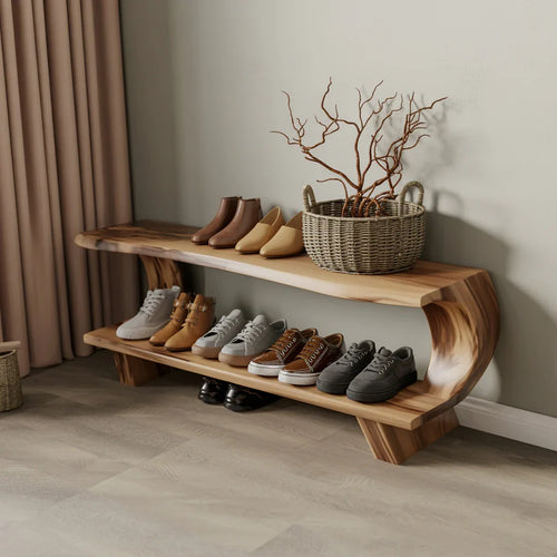 Handcrafted Mid-Century Modern Wooden Shoe Storage Bench for Entryway