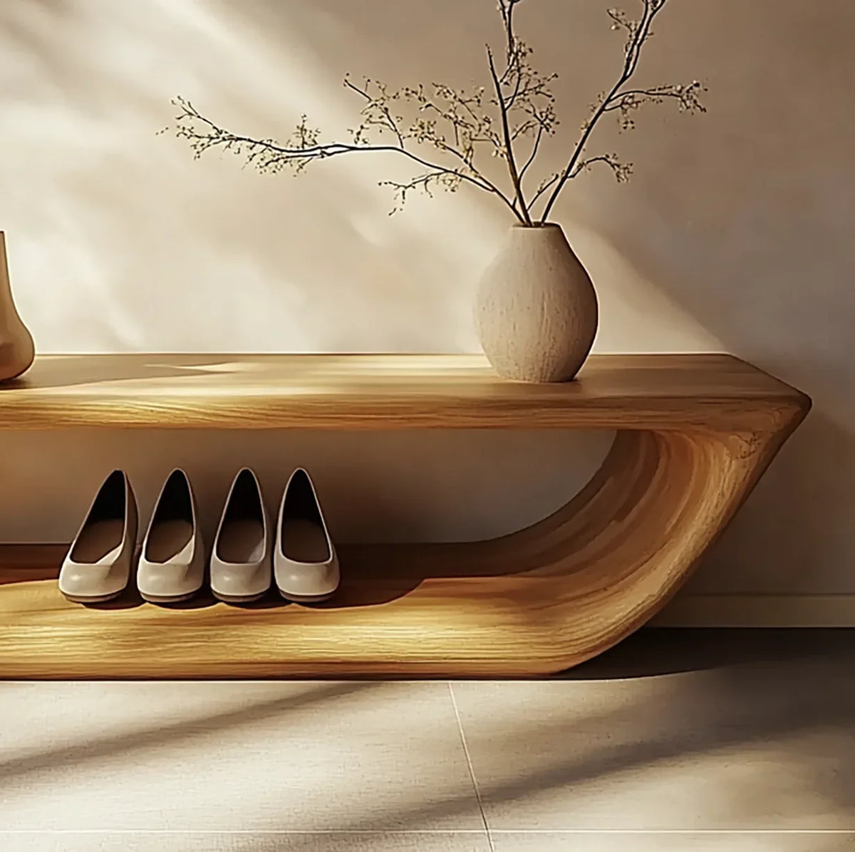 Organic wood shoe bench for foyer and hallway storage