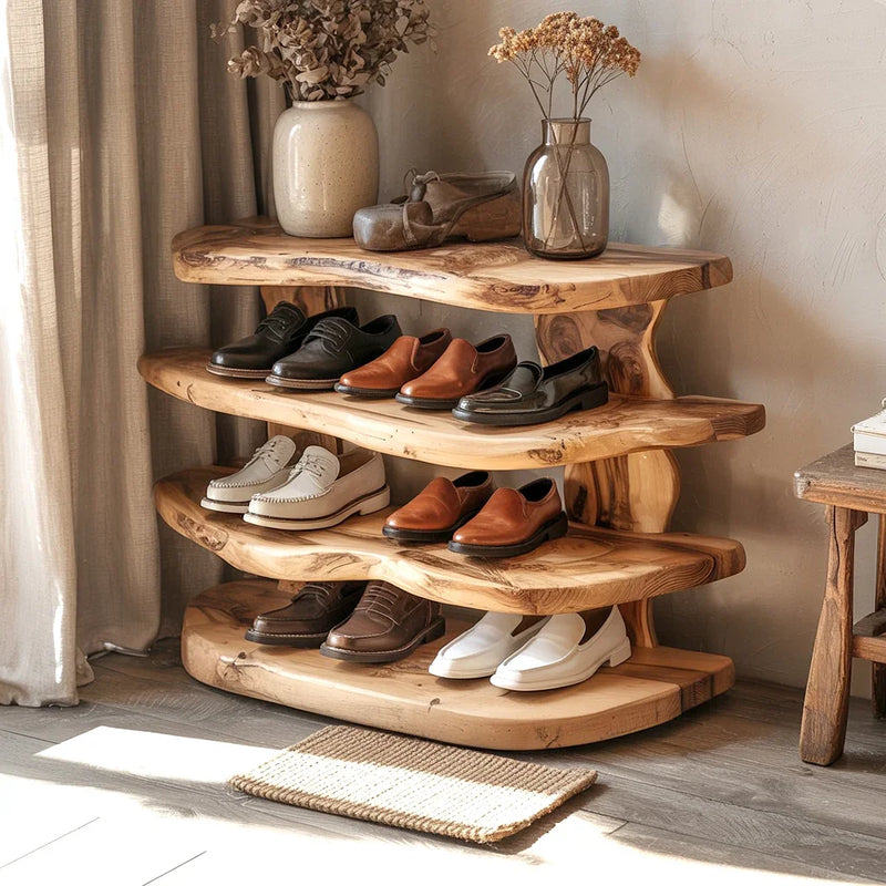 Natural wood shoe rack with men's leather shoes and decorative vases in cozy room