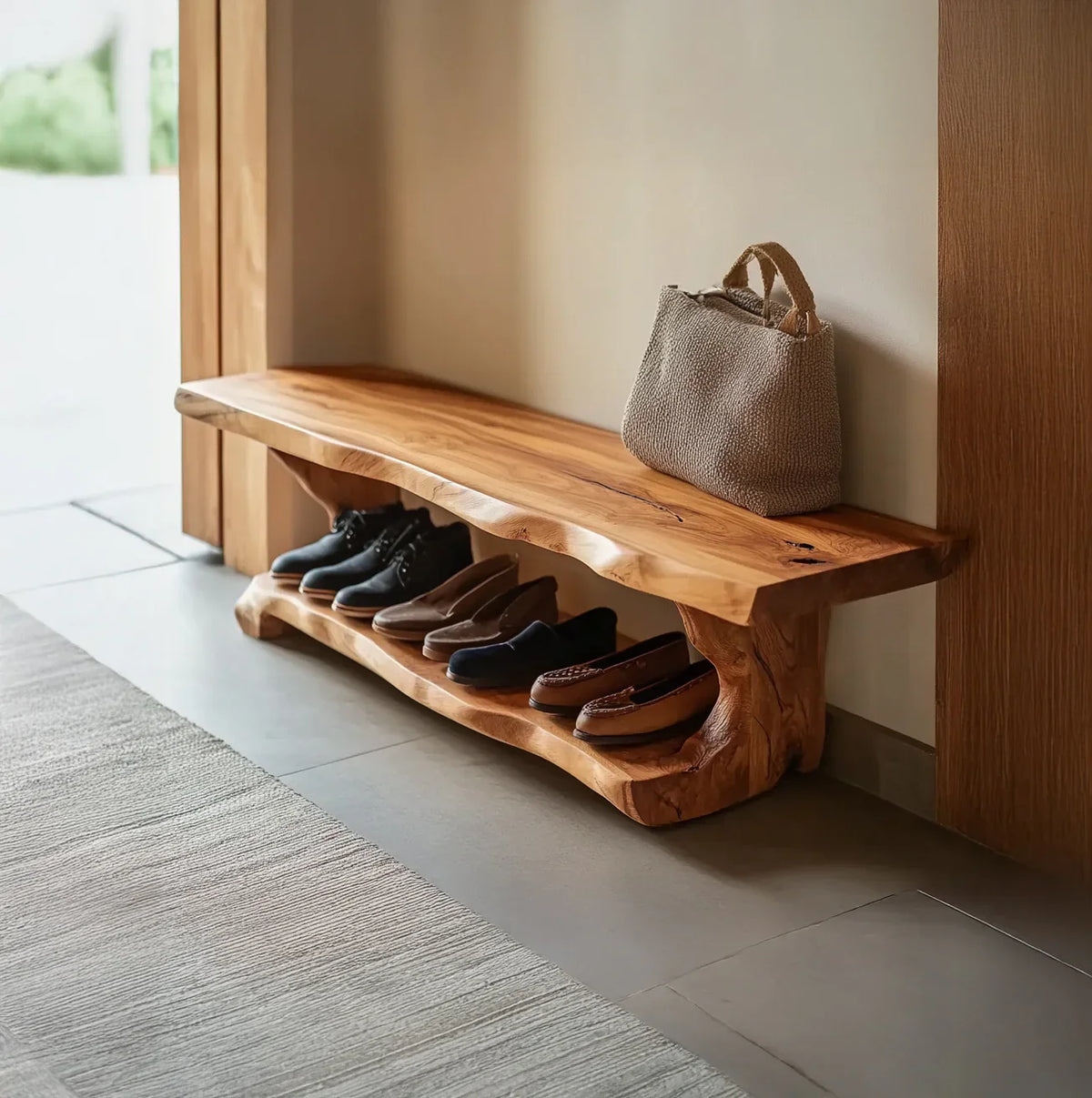 Mid century wood bench for hallway shoe organization