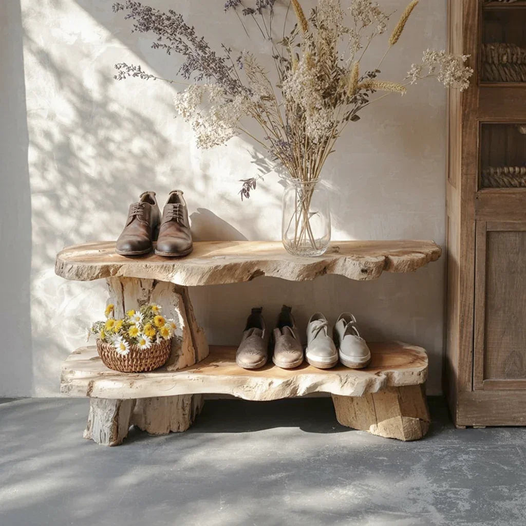 Live edge solid wood shoe rack with shoes, dried flowers, and sunlight in rustic setting