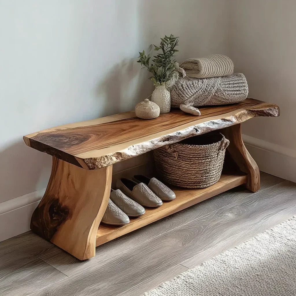 Handcrafted live edge solid wood bench with storage shelf, shoes, and woven basket