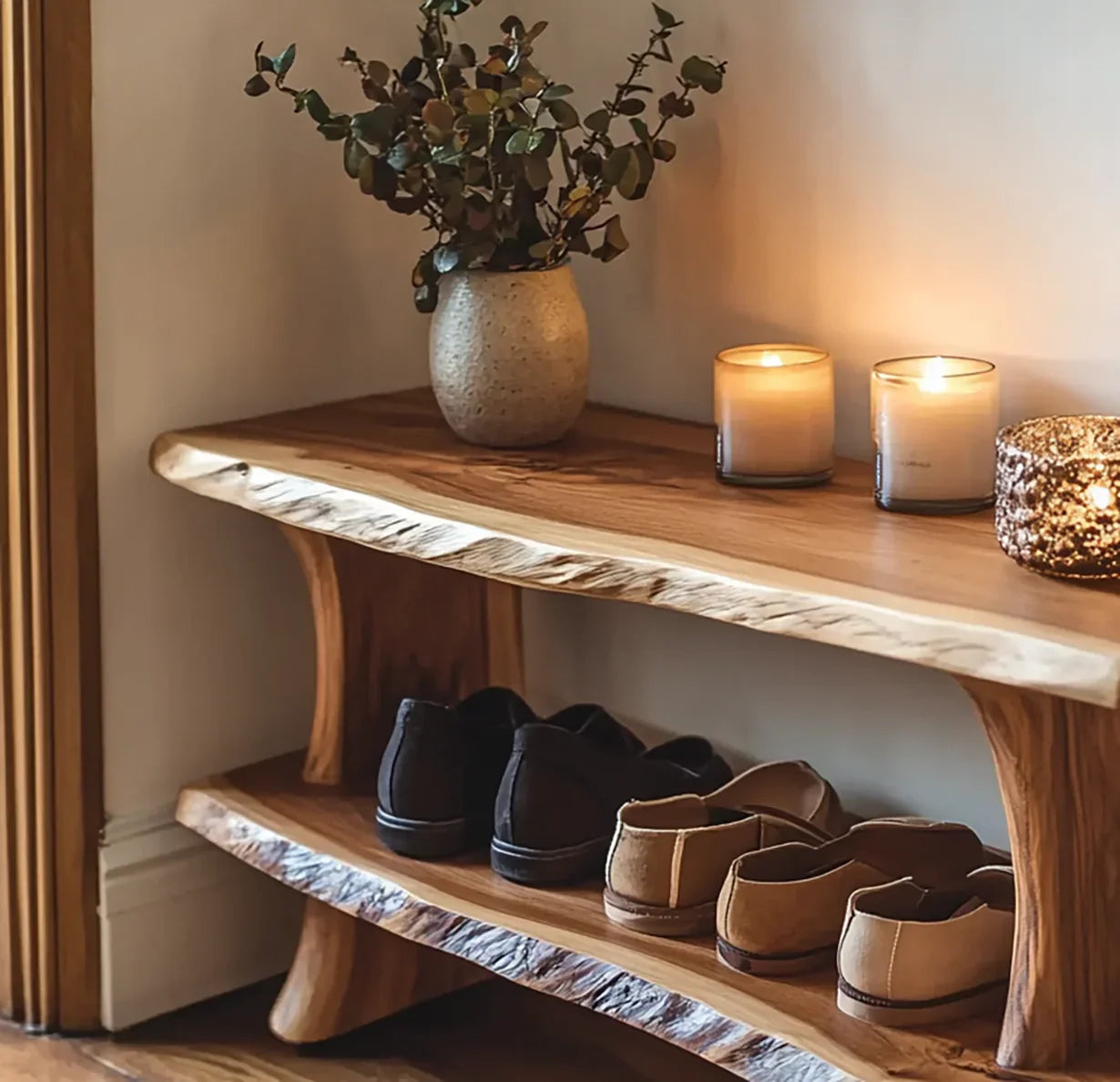 Wooden shoe rack bench with seating for hallway storage