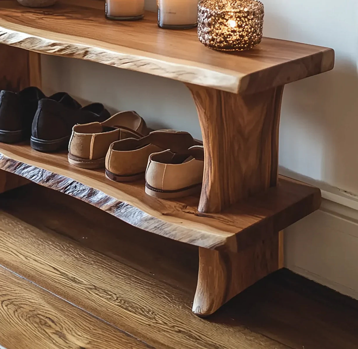 Entryway bench with shoe storage and natural wood design
