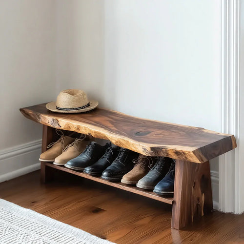 Ashdeco Shoe Bench – Live Edge Solid Wood Entryway with Storage Shelf