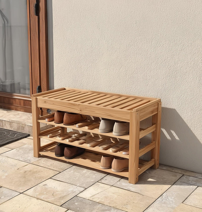 open shelf shoe bench organized shoes natural wood clean entryway