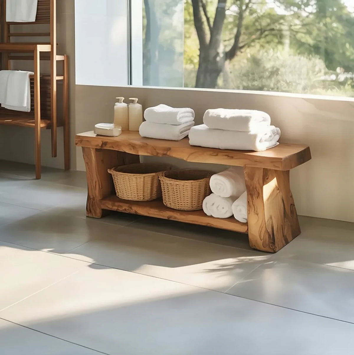 Live edge solid wood bench in a sunlit bathroom, with towels and baskets on shelves