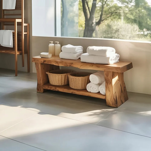 Ashdeco Solid Wood Bathroom Bench – Handcrafted Organic Accent with Storage