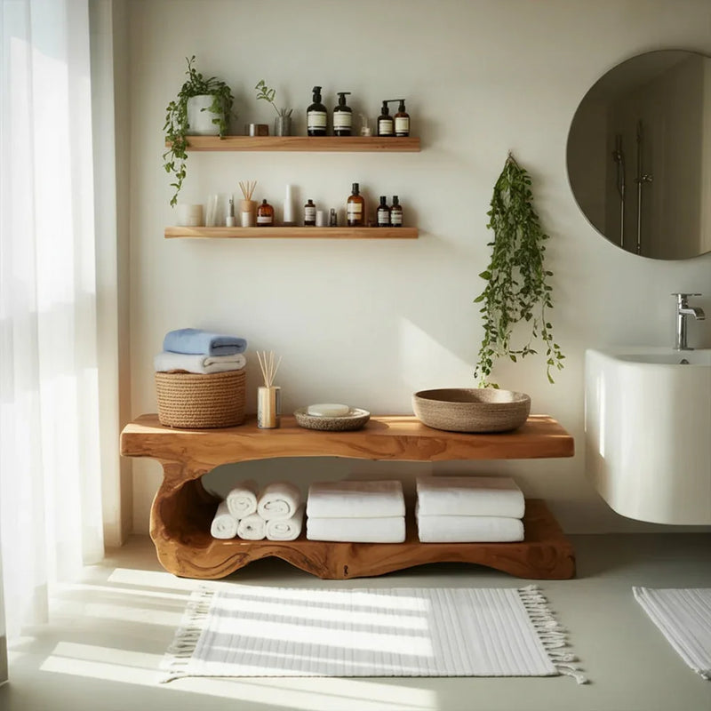 Live edge wood bathroom vanity with towels, floating shelves, and indoor plants in modern decor