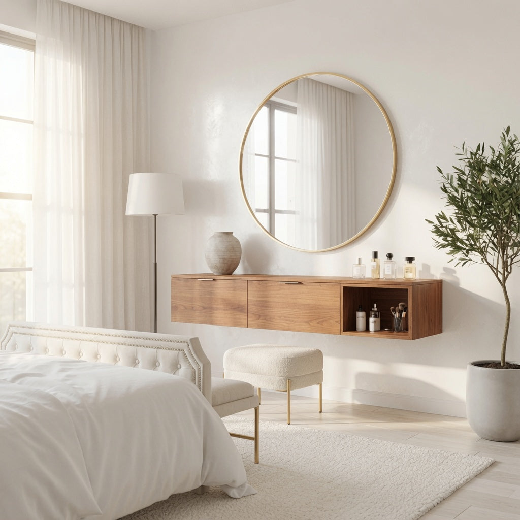 Modern solid wood floating vanity console in a minimalist bedroom