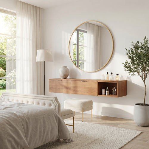 Sleek Solid Wood Floating Vanity Console – Biophilic Beauty Desk