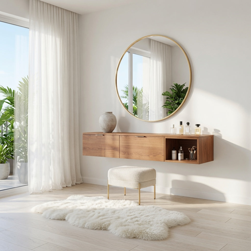 Sleek wall mounted vanity desk creating an elegant makeup space