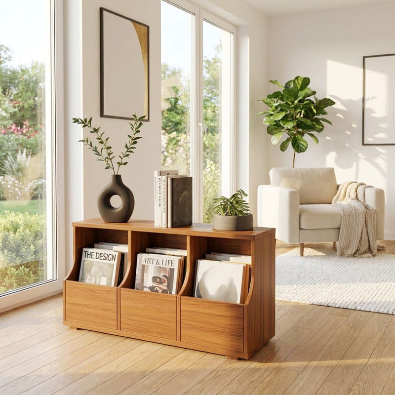 Minimalist magazine organizer crafted from solid wood