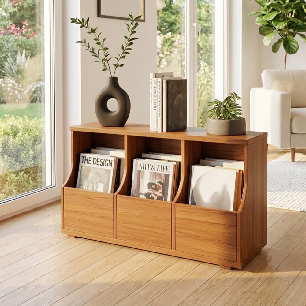 Minimalist solid wood low magazine rack in a contemporary living room