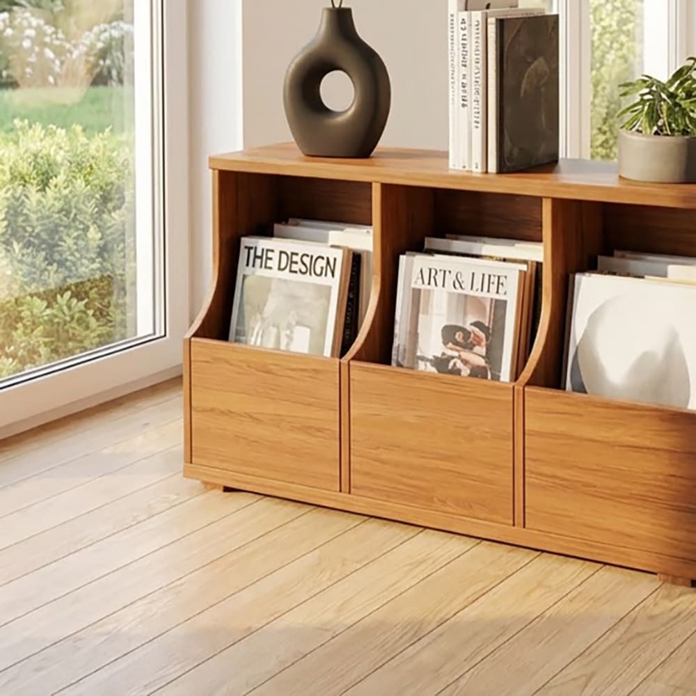 Three-bin magazine display console in solid wood