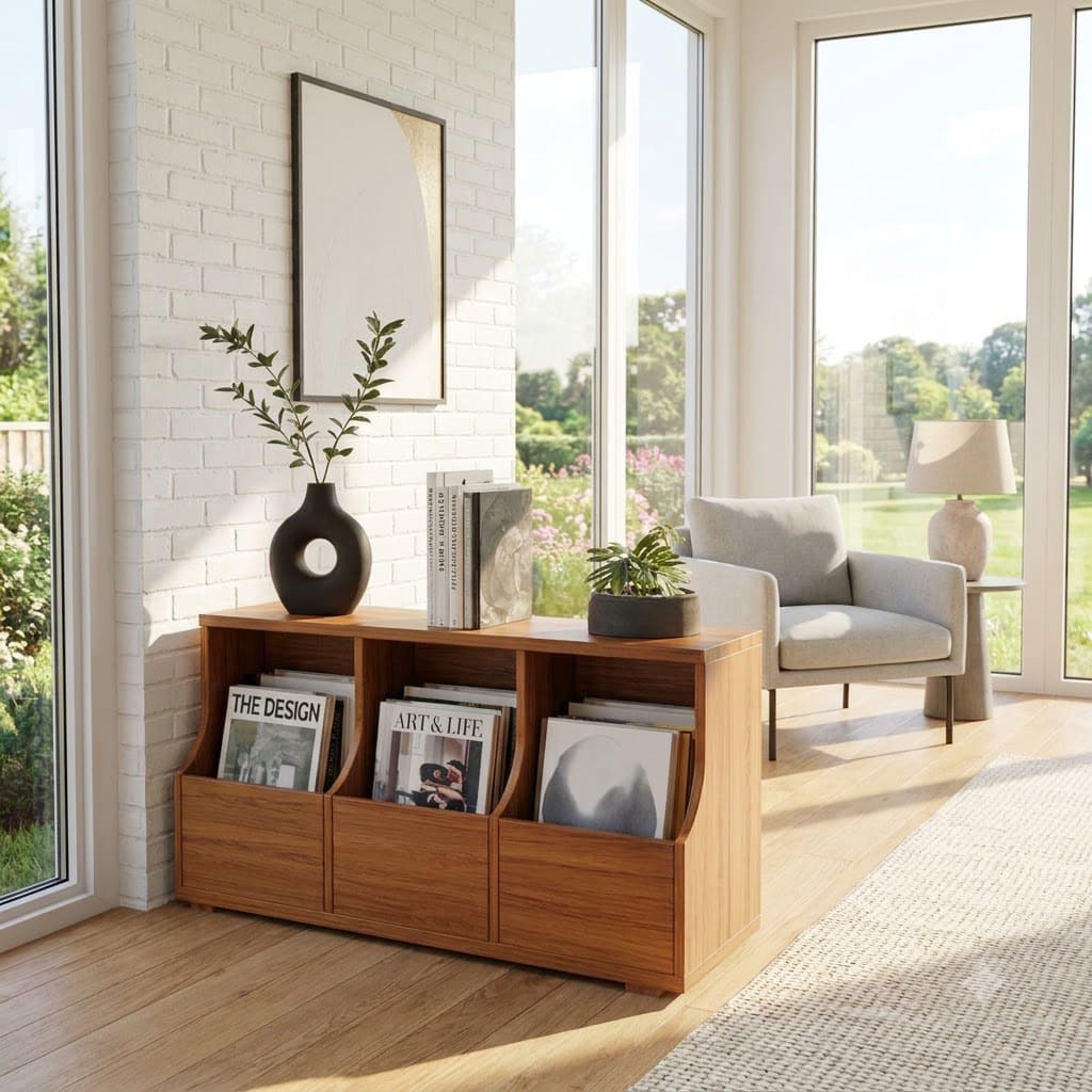 Modern solid wood three-bin magazine display console styled in a cozy reading nook