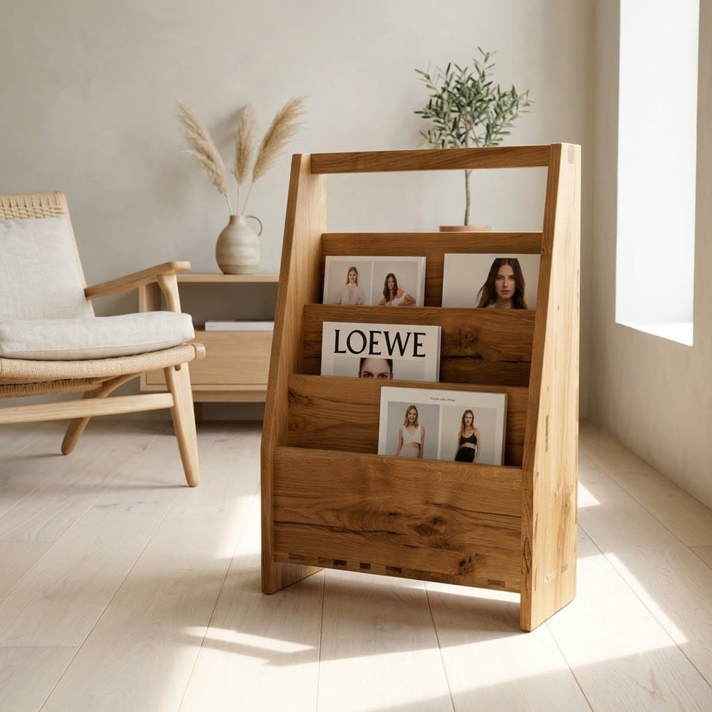 Minimalist magazine display stand crafted from solid wood