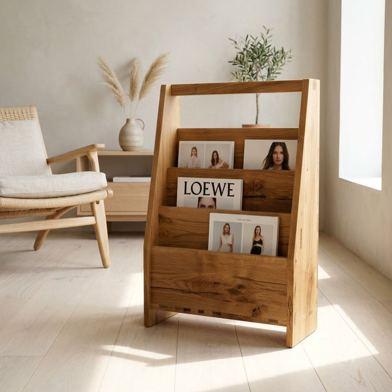 Minimalist magazine display stand crafted from solid wood