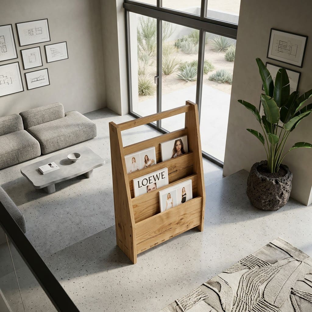 Minimalist solid wood three-tier stepped magazine rack in a contemporary living room