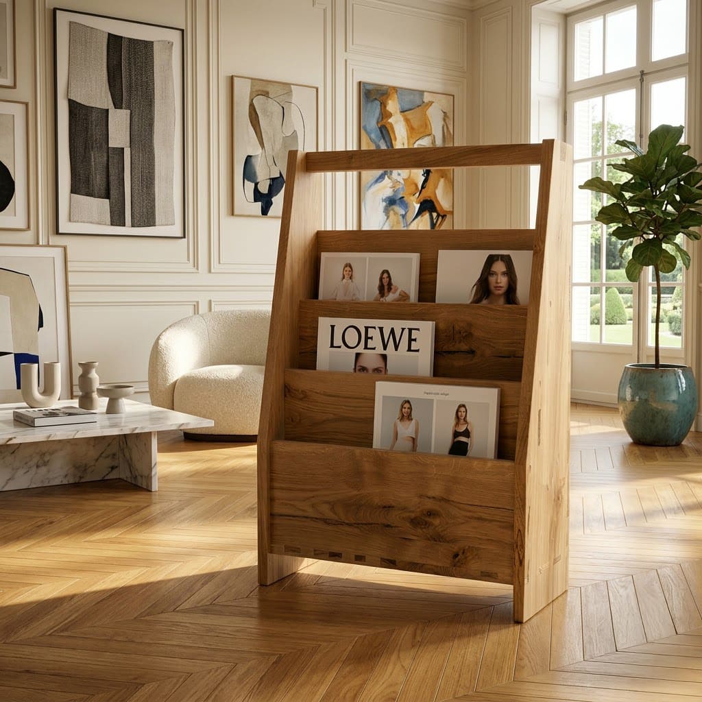 Elegant solid wood magazine rack with integrated handle showcased in a stylish home interior