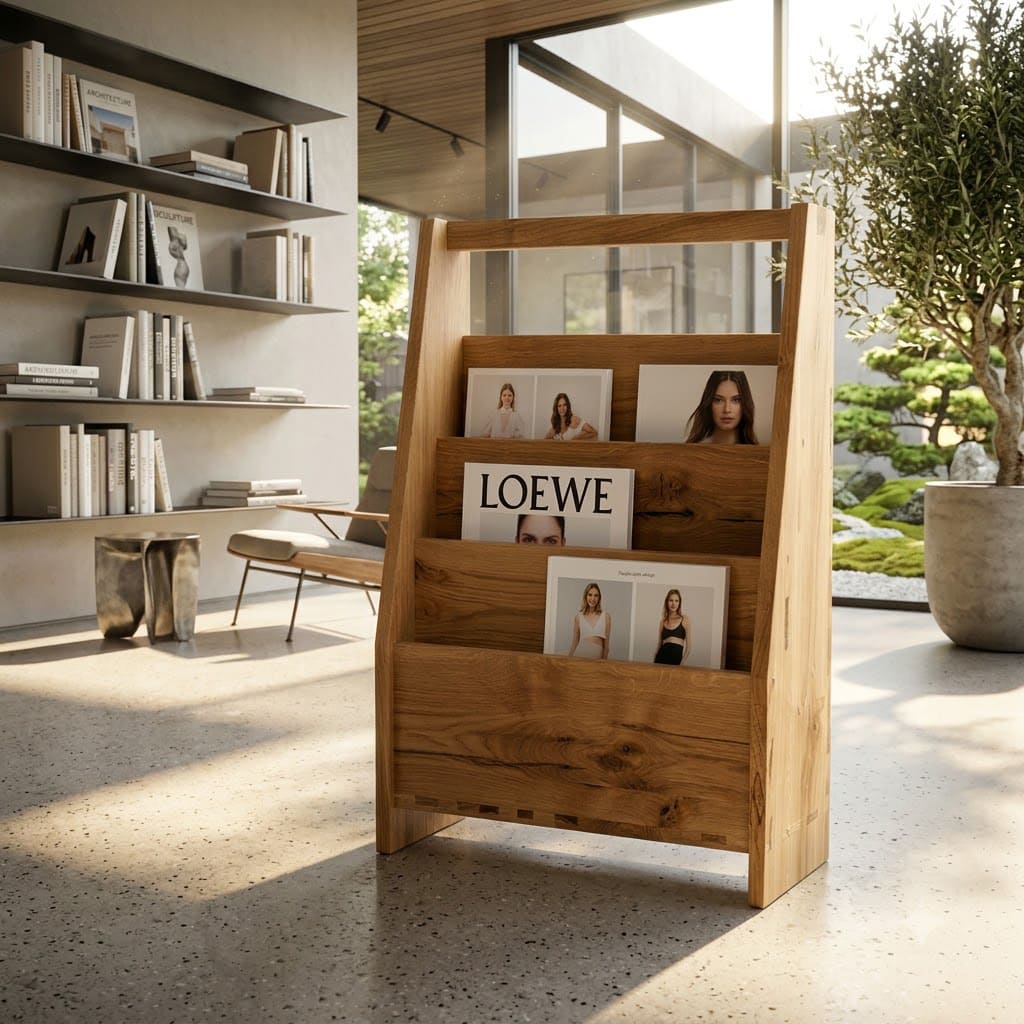 Modern solid wood magazine rack stand with an integrated handle styled in a cozy reading nook